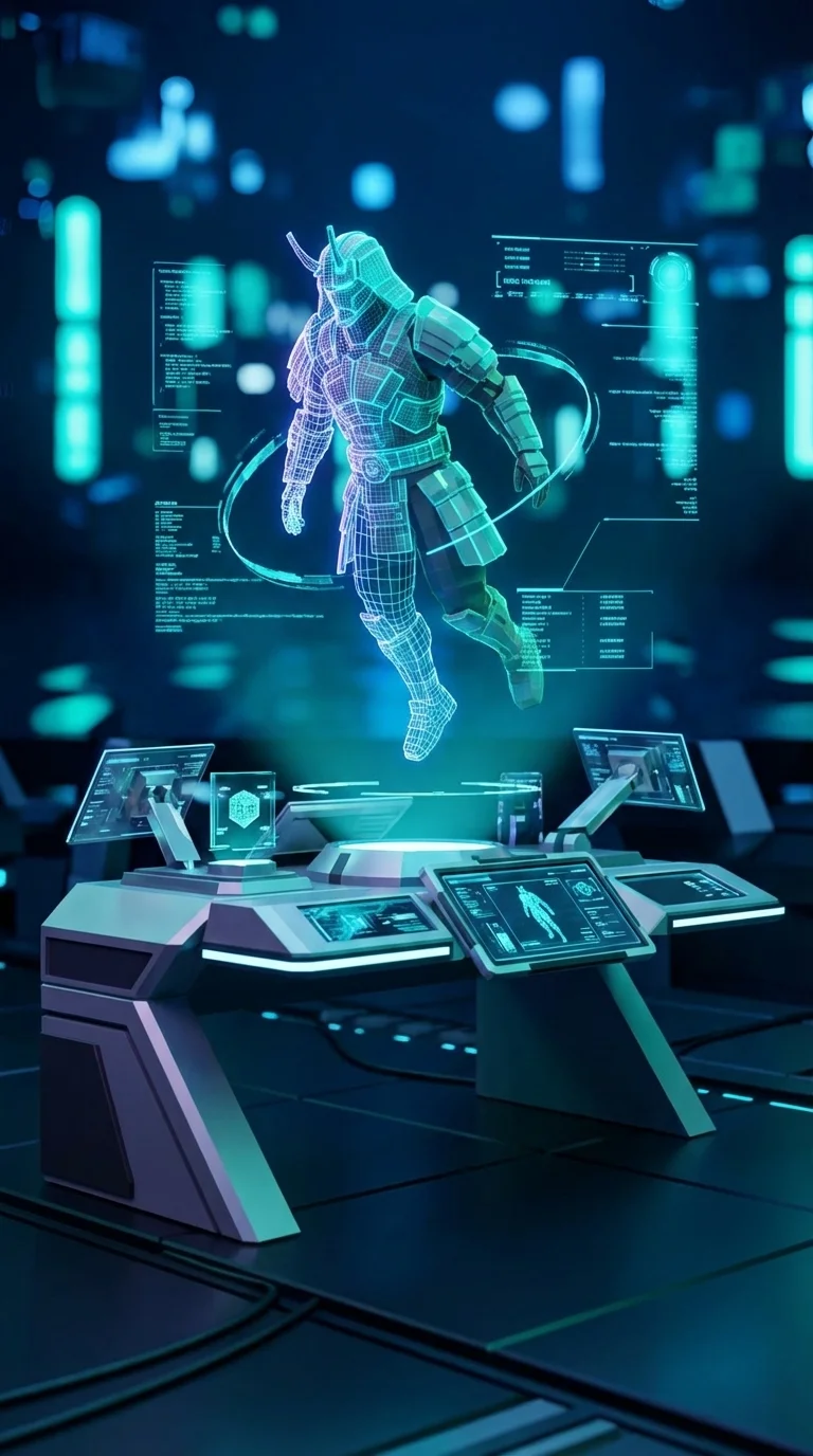 AI 3D model of a futuristic samurai with glowing armor in a neon alley